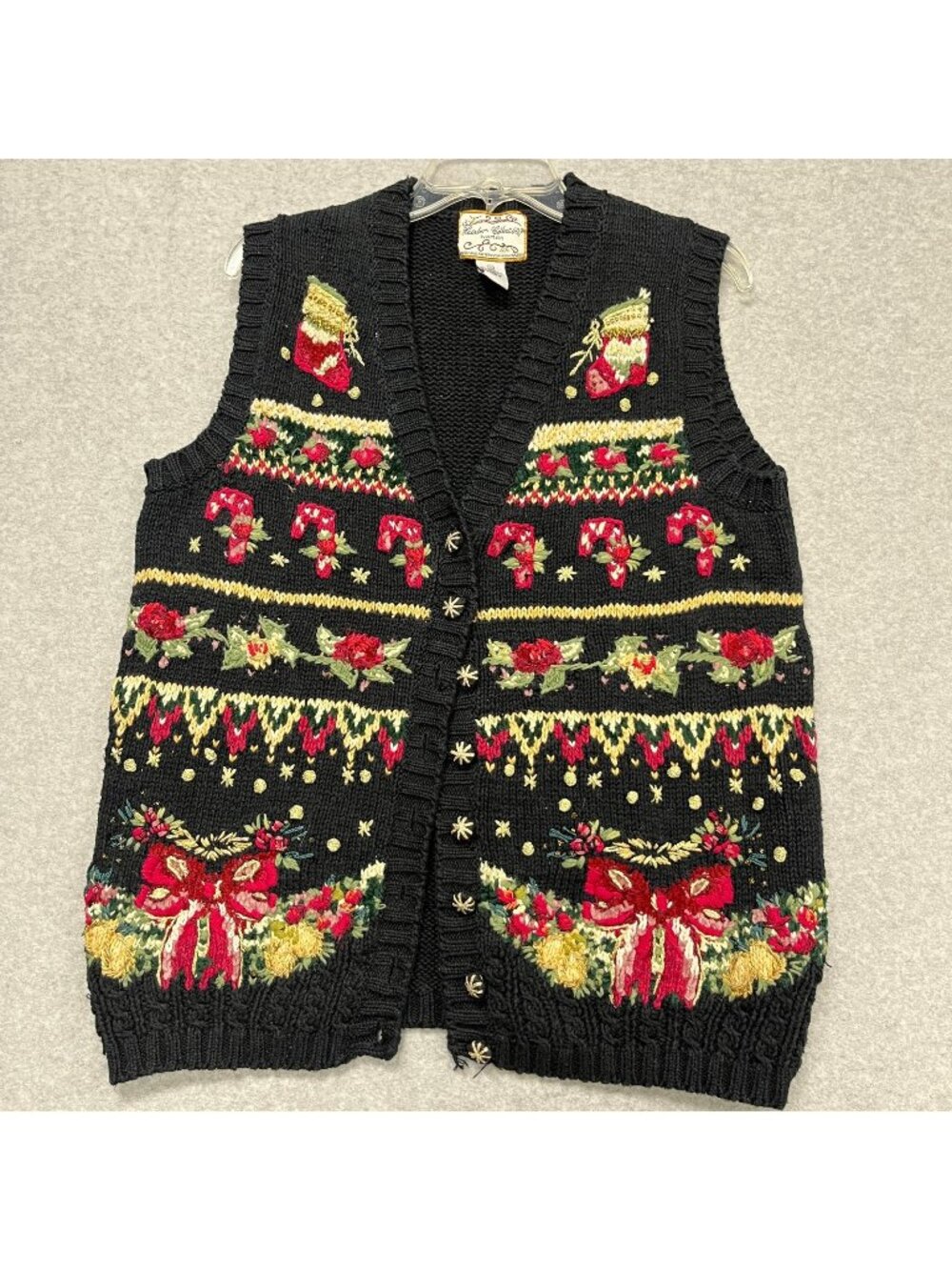 Vintage Heirloom Collectibles Christmas Sweater Vest Size 14/16 Black Candy Cane